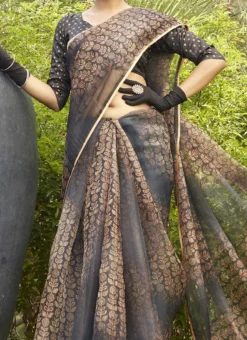 Brown Organza Digital Print Saree After Six Wear