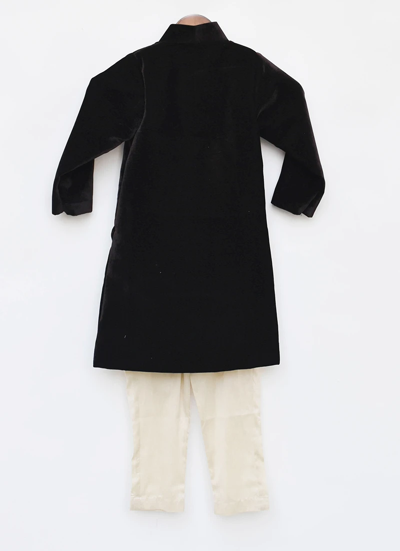 Brown Velvet Classic Sherwani And Golden Pant For Boys Party Wear 3 Brown Velvet Classic Sherwani And Golden Pant For Boys Party Wear - Image 3