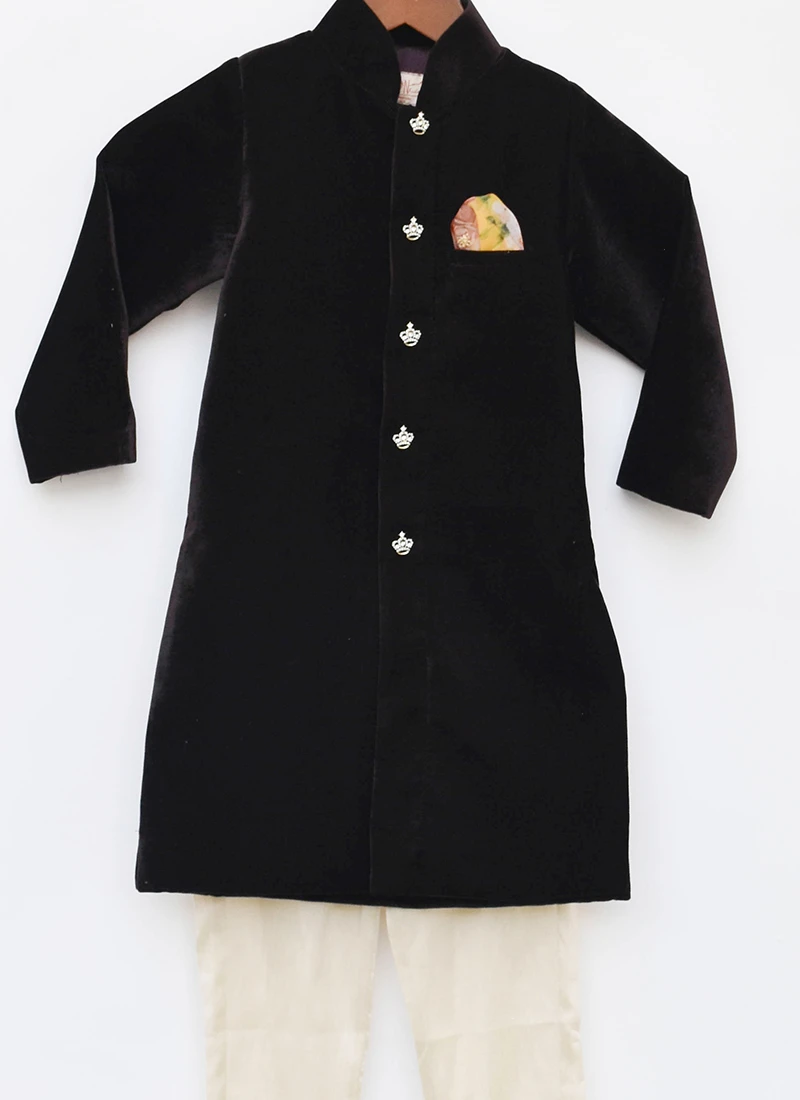 Brown Velvet Classic Sherwani And Golden Pant For Boys Party Wear 1 Brown Velvet Classic Sherwani And Golden Pant For Boys Party Wear