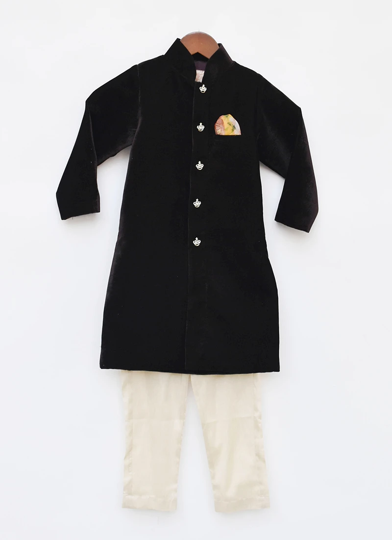 Brown Velvet Classic Sherwani And Golden Pant For Boys Party Wear 2 Brown Velvet Classic Sherwani And Golden Pant For Boys Party Wear - Image 2