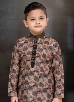 Brown With Black Blended Cotton Printed Kids Boys Kurta Pyjama Festive Wear -Mahra Clothing Shop brown with black blended cotton printed kids boys kurta pyjama kdbmss6243 b