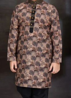 Brown With Black Blended Cotton Printed Kids Boys Kurta Pyjama Festive Wear