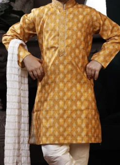 Canary Yellow Cotton Printed Boys Kurta Pyjama Party Wear