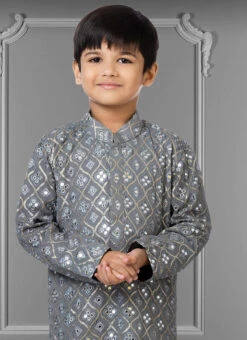 Cement Grey Georgette Embroidered Boys Kurta Pyjama Party Wear -Mahra Clothing Shop cement grey georgette embroidered boys kurta pyjama kdbkvs726 b