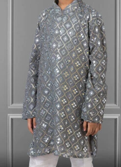 Cement Grey Georgette Embroidered Boys Kurta Pyjama Party Wear