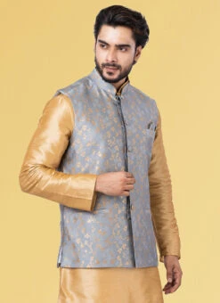 Cement Grey Jacquard Silk Nehru Jacket -Mahra Clothing Shop cement grey jacquard silk nehru jacket jmkkvs468 b