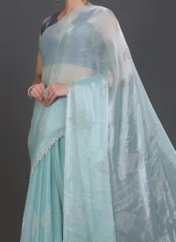 Chiffon Hand Work Beads Work Sky Blue Color Saree Party Wear