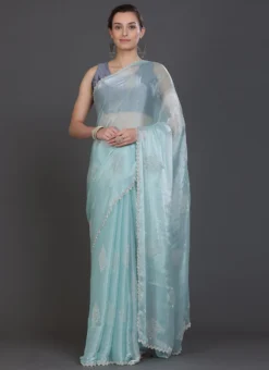 Chiffon Hand Work Beads Work Sky Blue Color Saree Party Wear -Mahra Clothing Shop chiffon hand work beads work sky blue color saree sadcscb13b u