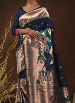 Classic Blue Paithani Silk Minakari Zari Woven Saree Festive Wear
