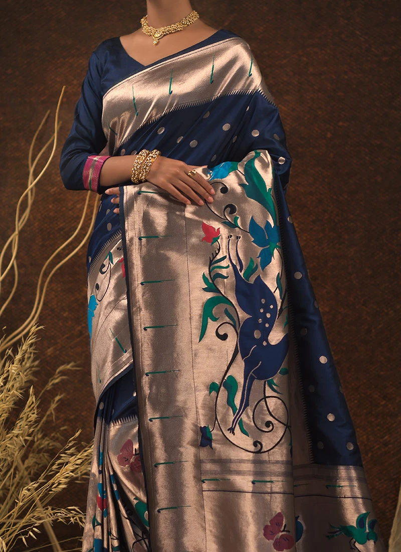 Classic Blue Paithani Silk Minakari Zari Woven Saree Festive Wear 1 Classic Blue Paithani Silk Minakari Zari Woven Saree Festive Wear