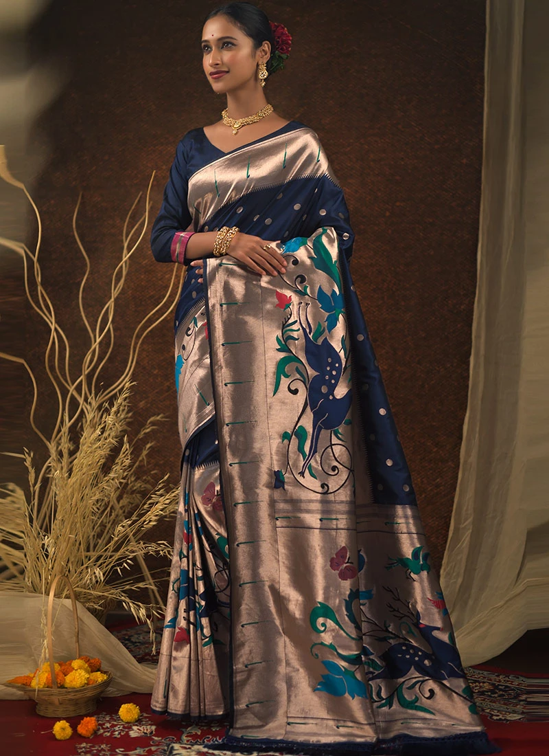 Classic Blue Paithani Silk Minakari Zari Woven Saree Festive Wear 3 Classic Blue Paithani Silk Minakari Zari Woven Saree Festive Wear - Image 3