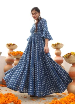 Cobalt Blue Cotton Printed Anarkali Gown After Six Wear -Mahra Clothing Shop cobalt blue cotton printed anarkali gown bgwjac3004 u