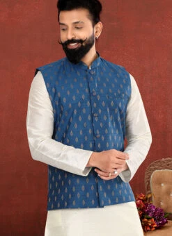Cobalt Blue Cotton Silk Jacquard Nehru Jacket 5 Cobalt Blue Cotton Silk Jacquard Nehru Jacket -Mahra Clothing Shop cobalt blue cotton silk jacquard nehru jacket jmvswc314 b