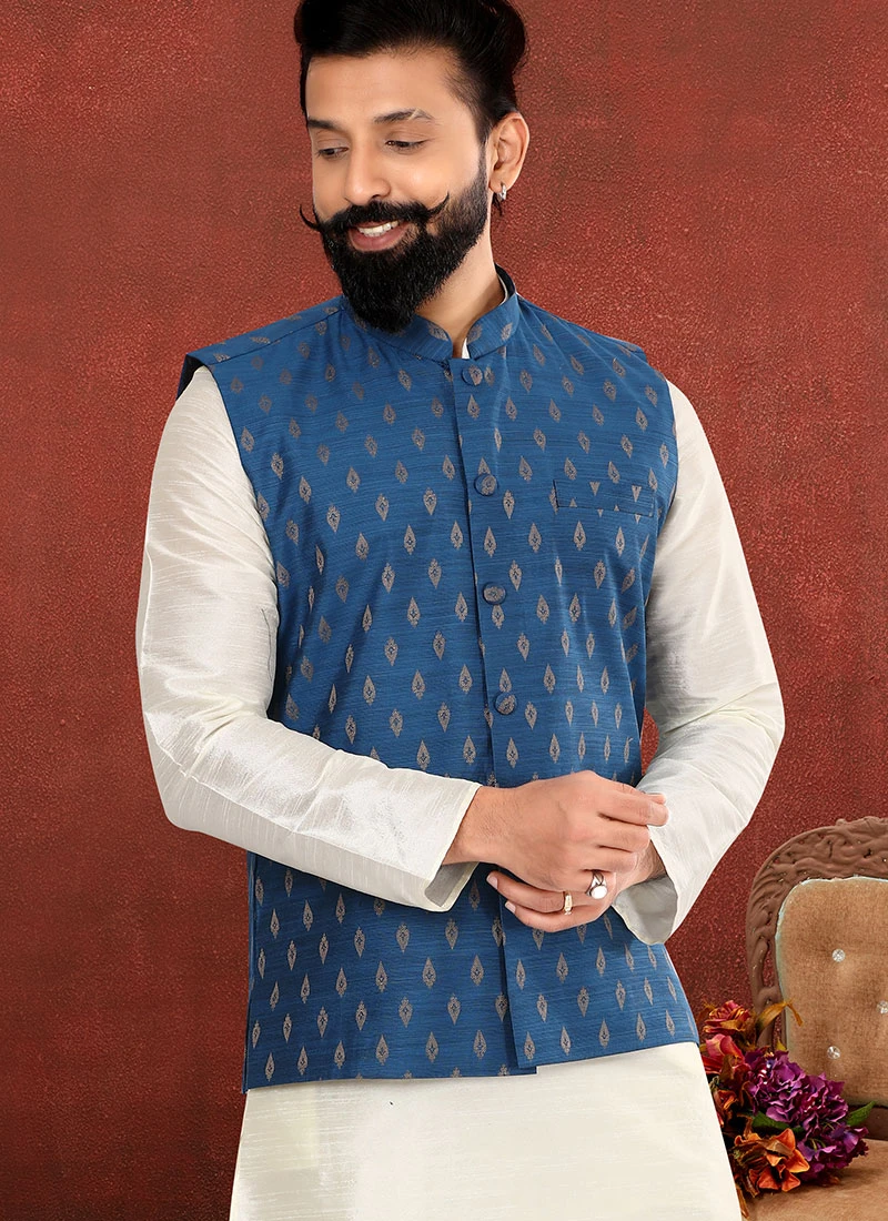 Cobalt Blue Cotton Silk Jacquard Nehru Jacket 3 Cobalt Blue Cotton Silk Jacquard Nehru Jacket - Image 3
