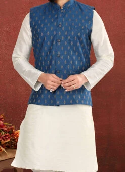 Cobalt Blue Cotton Silk Jacquard Nehru Jacket