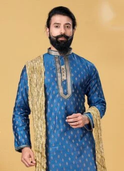 Cobalt Blue Jacquard Silk Kurta Pyjama Party Wear -Mahra Clothing Shop cobalt blue jacquard silk kurta pyjama kpsvs125 b