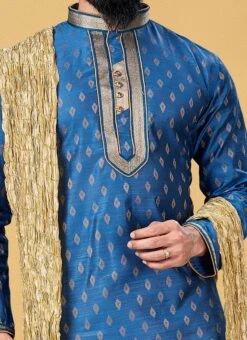 Cobalt Blue Jacquard Silk Kurta Pyjama Party Wear