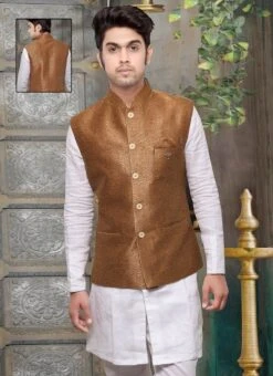 Copper Brown Jute Nehru Jacket -Mahra Clothing Shop copper brown jute nehru jacket jmkmdcj272 b