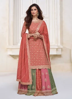 Coral Chinon Embroidered Umbrella Lehenga Party Wear -Mahra Clothing Shop coral chinon embroidered umbrella lehenga ghska47329703 u