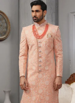 Coral Peach Art Silk Lucknowi Embroidered Angrakha Sherwani Party Wear -Mahra Clothing Shop coral peach art silk lucknowi embroidered angrakha sherwani shmac9026 b