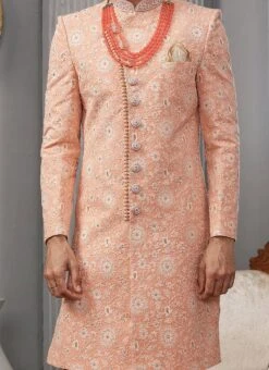 Coral Peach Art Silk Lucknowi Embroidered Angrakha Sherwani Party Wear
