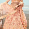 Coral Peach Georgette Heavy Embroidered N Stones Umbrella Lehenga Wedding Wear