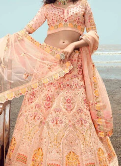 Coral Peach Georgette Heavy Embroidered N Stones Umbrella Lehenga Wedding Wear