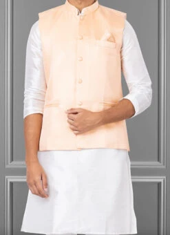 Coral Peach Linen Silk Nehru Jacket