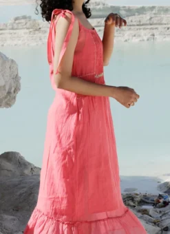Coral Pink Embroidery Silk Dress Party Wear