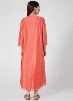 Coral Red Pure Chanderi Silk Embroidered Kurta Dhoti Set Party Wear -Mahra Clothing Shop coral red pure chanderi silk embroidered kurta dhoti set krsdvcsvks45 b