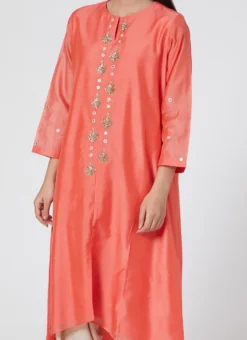 Coral Red Pure Chanderi Silk Embroidered Kurta Dhoti Set Party Wear