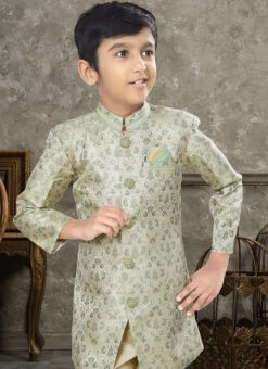 Cream And Green Art Silk Jacquard Indowestern Sherwani Party Wear -Mahra Clothing Shop cream and green art silk jacquard indowestern sherwani kdbsgr617 b