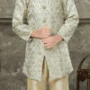 Cream And Green Art Silk Jacquard Indowestern Sherwani Party Wear