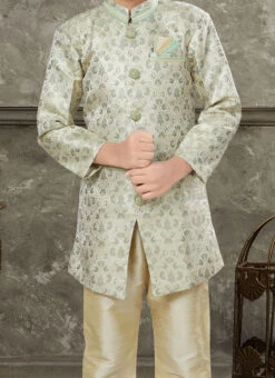 Cream And Green Art Silk Jacquard Indowestern Sherwani Party Wear