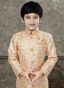 Cream And Orange Art Silk Jacquard Indowestern Sherwani Party Wear -Mahra Clothing Shop cream and orange art silk jacquard indowestern sherwani kdbsgr614 b