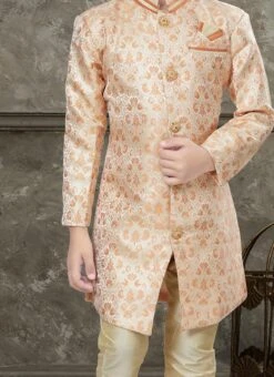 Cream And Orange Art Silk Jacquard Indowestern Sherwani Party Wear