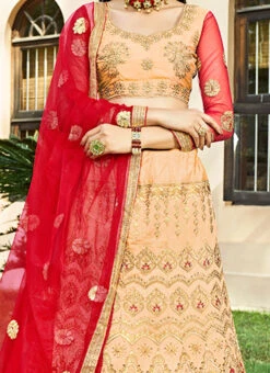 Cream Art Silk A Line Lehenga Wedding Wear