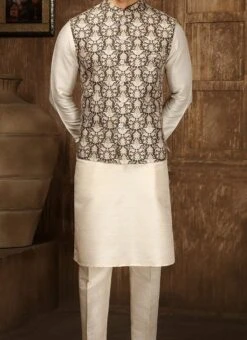 Cream Art Silk Banarasi Bandi Set Party Wear