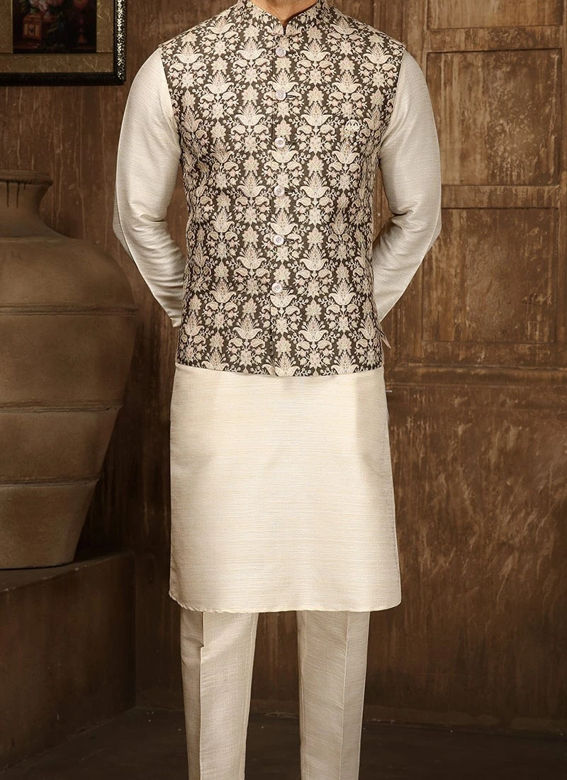 Cream Art Silk Banarasi Bandi Set Party Wear 1 Cream Art Silk Banarasi Bandi Set Party Wear