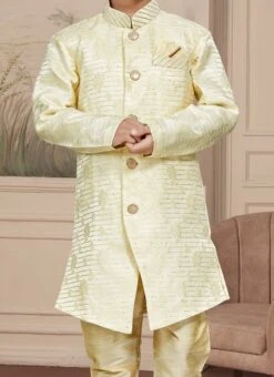 Cream Art Silk Embroidered Sherwani For Boys Festive Wear