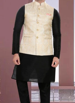 Cream Art Silk Jacquard Bandhgala Jacket
