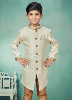 Cream Art Silk Jacquard Indowestern Sherwani Party Wear -Mahra Clothing Shop cream art silk jacquard indowestern sherwani kdbmsgrk553 b