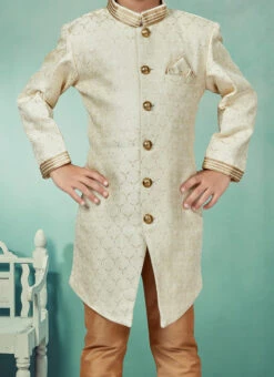 Cream Art Silk Jacquard Indowestern Sherwani Party Wear