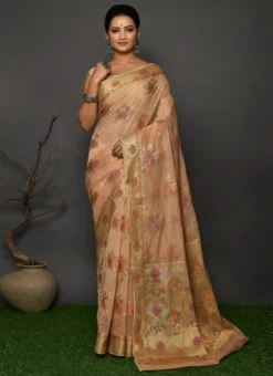 Cream Banarasi Silk N Georgette Zari Work Saree Party Wear -Mahra Clothing Shop cream banarasi silk n georgette zari work saree savns685a u