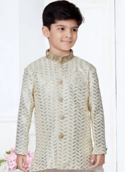 Cream Banarasi Silk Sequins Work Indowestern Sherwani Party Wear -Mahra Clothing Shop cream banarasi silk sequins work indowestern sherwani kdbmsgr511 b