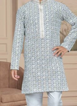 Cream Cotton Embroidered Kurta Pyjama For Boys Festive Wear