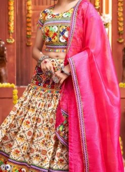 Cream Cotton Embroidery With Mirror Work Chaniya Choli Festive Wear