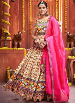 Cream Cotton Embroidery With Mirror Work Chaniya Choli Festive Wear -Mahra Clothing Shop cream cotton embroidery with mirror work chaniya choli ghska46577005 u