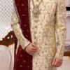 Cream Jacquard Silk Brocade Embroidered Chipkan Sherwani Party Wear
