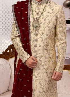Cream Jacquard Silk Brocade Embroidered Chipkan Sherwani Party Wear